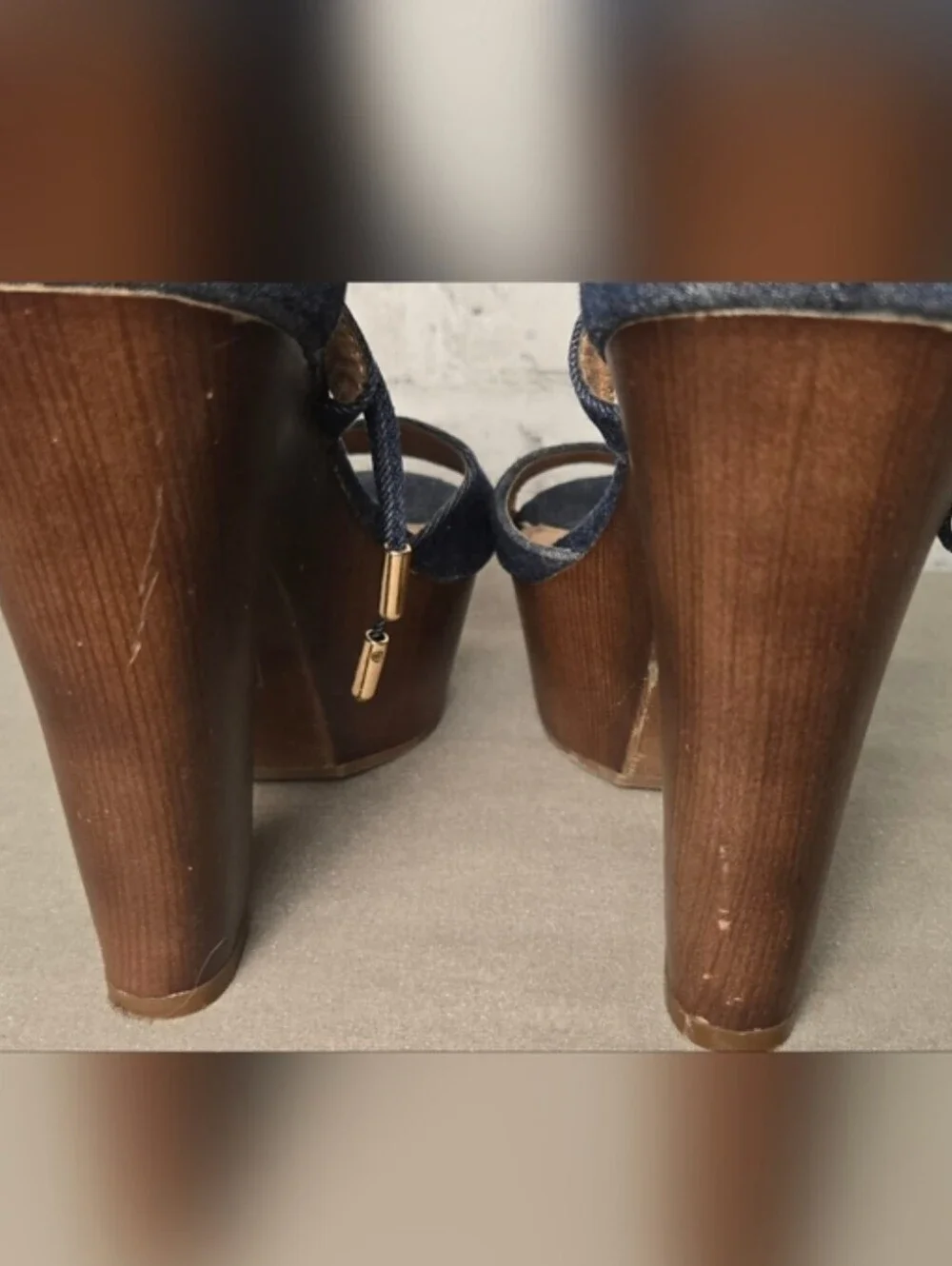 Brash Denim Lace Up Platform Heels Chunky Wooden Sandals Size 8.5